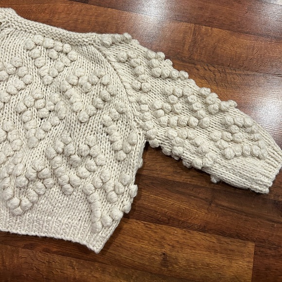 & Merci Ivory Pom Pom Hearts Hand Knit Wool Blend Sweater Women’s Size Medium - Picture 7 of 8